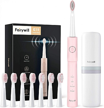 Электрическая зубная щетка Fairywill E11 розовая в комплекте (8 насадок + чехол)