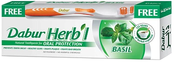 Зубная паста Dabur Herb'l с базиликом травяная без фтора с зубной щеткой, 150 г